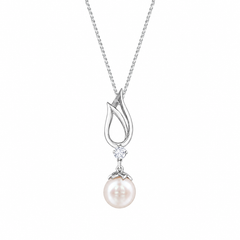 10K White Gold 7MM Pearl and 0.08TDW Diamond Dangle Pendant