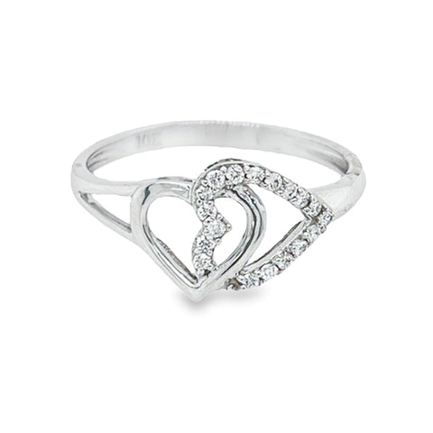 10K White Gold 0.10CT Womens Diamond Double Heart Ring