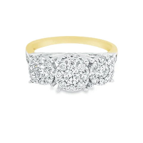 1.00 Ct TDW Diamond 10K Yellow And White Gold Past Present and Future Illusion Large Ring