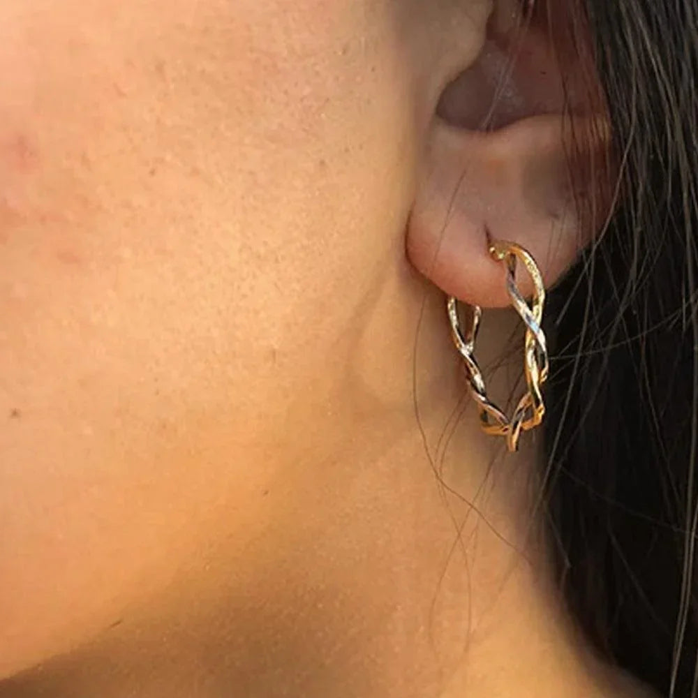 10K Yellow And White Gold Twisted Hoop Earrings