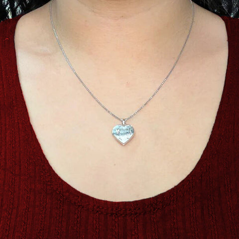10K White Gold Heart Shaped Etched Floral Locket with Satin Finish