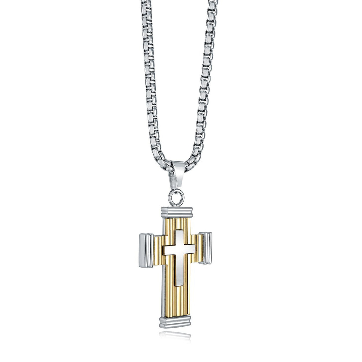 Stainless Steel Gold IP Double Cross 22" Pendant Necklace