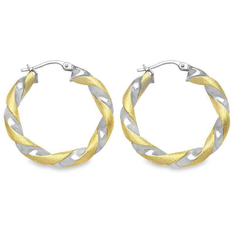 14K Yellow and White Gold Satin Finished Twisted Hoop Earrings