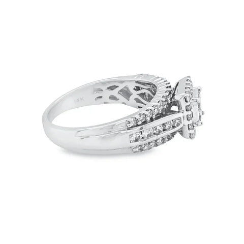 14K White Gold 1.00TDW Diamond Quad Princess Cut Halo Engagement Ring
