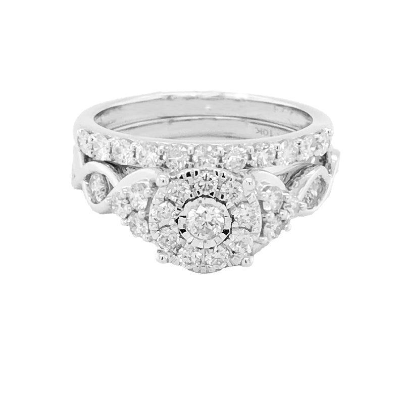 10K White Gold 1.00TDW Diamond Halo Imperial Illusion Head Wedding Set