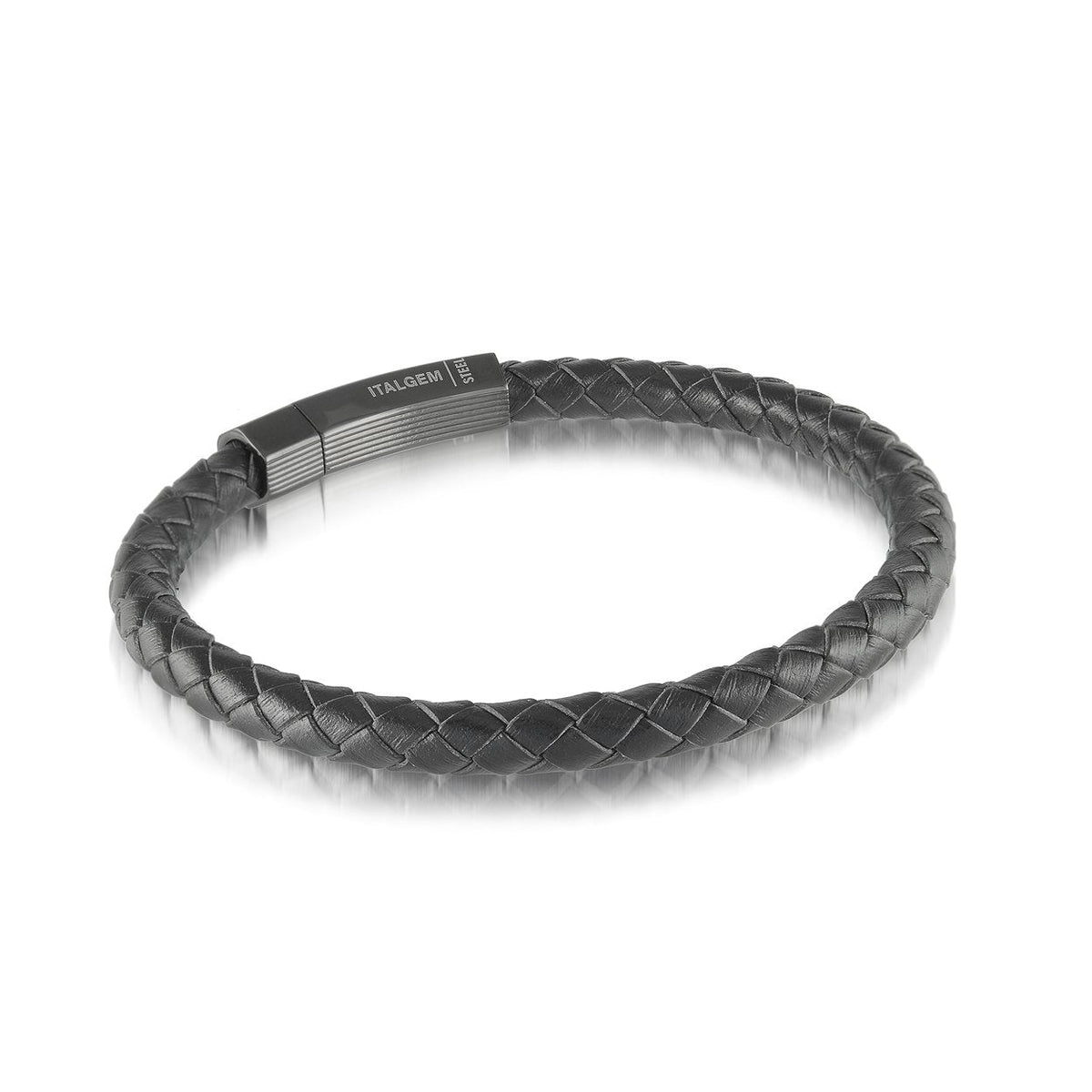 Stainless Steel Black-IP Push-Clasp Leather 8.25" Bracelet 