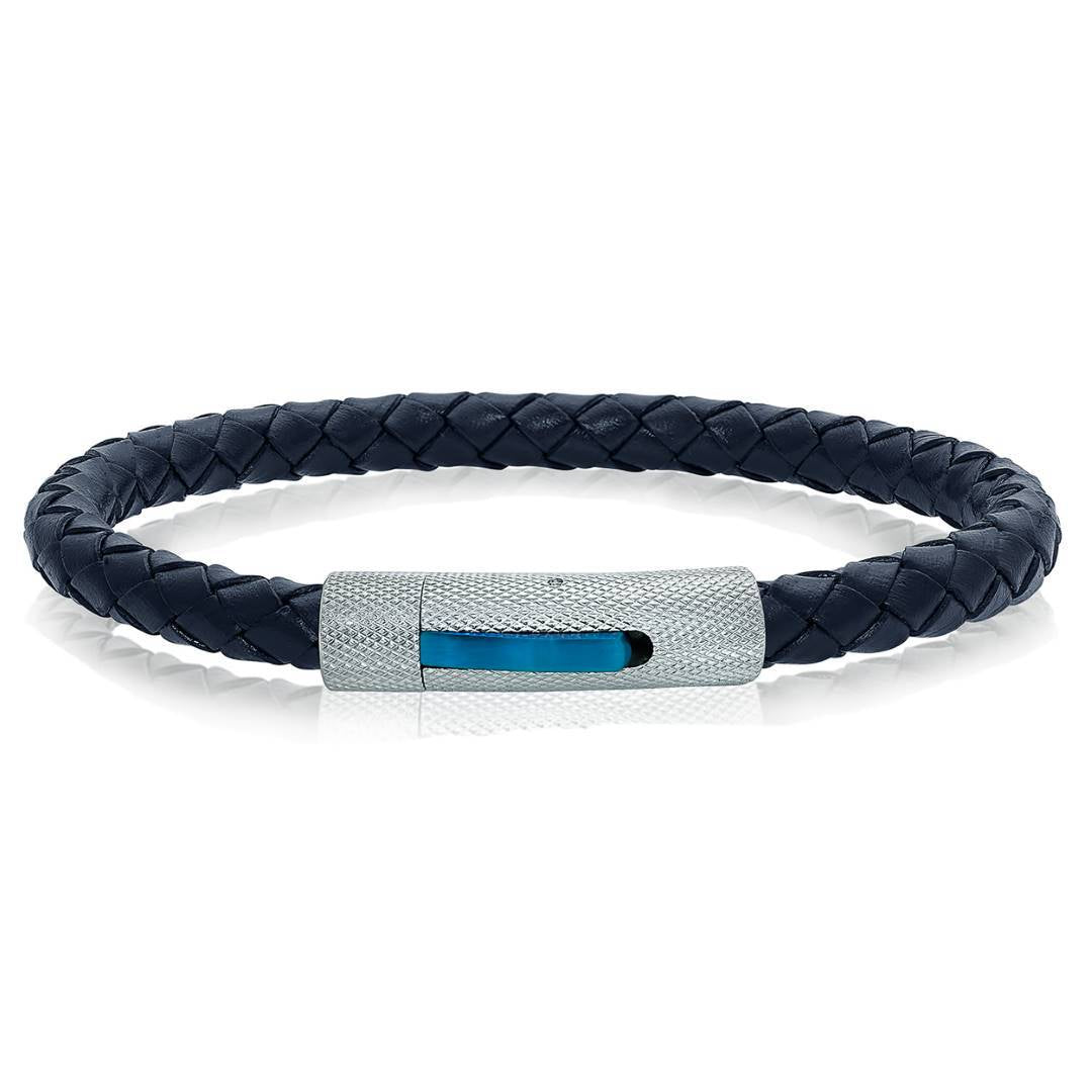 Stainless Steel Blue-IP Mesh-Clasp Leather 8" Bracelet
