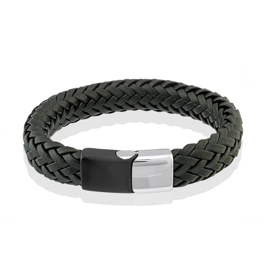 Stainless Steel Black-Matte Sideways-Clasp Leather 8.2" Bracelet