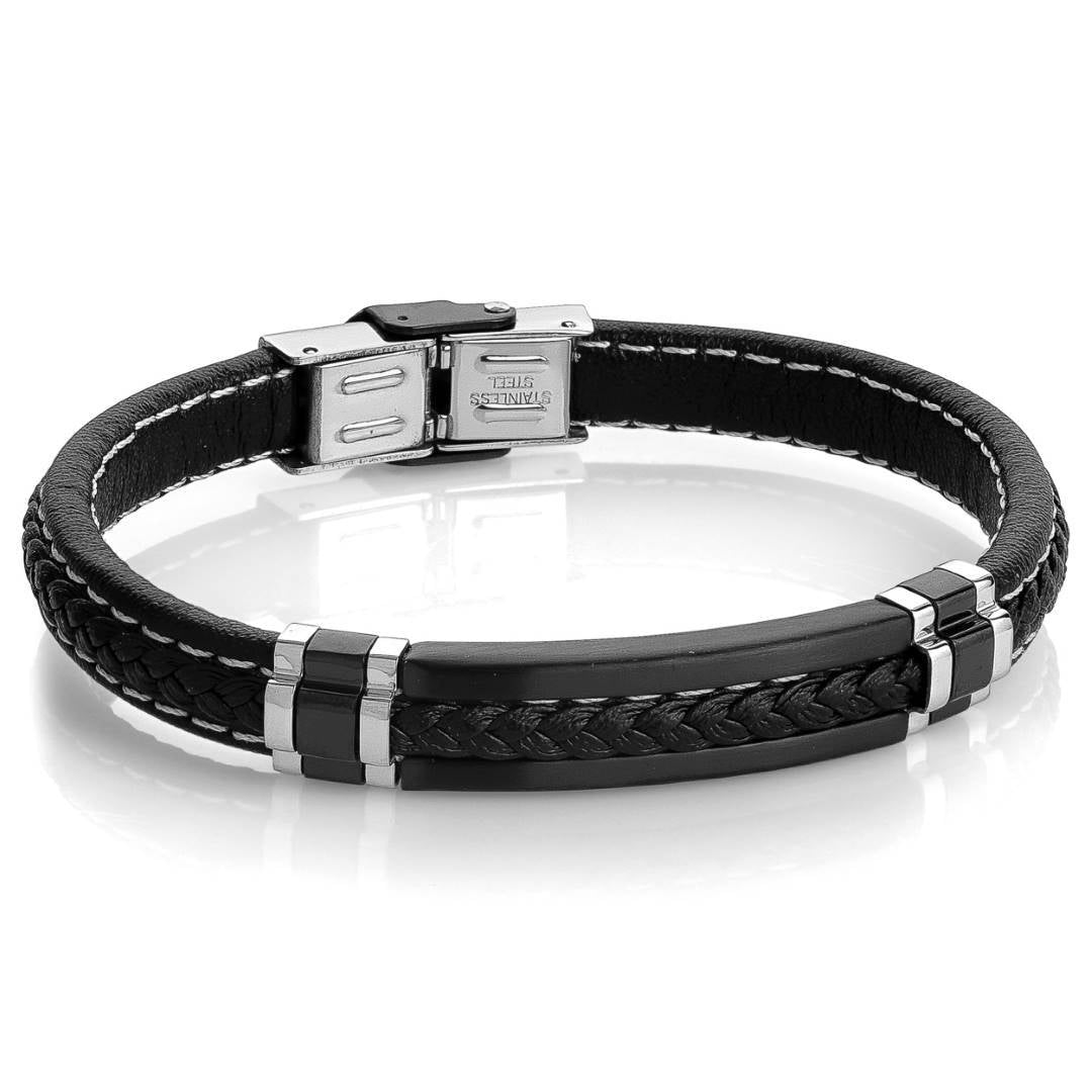 Stainless Steel Black-IP Braided Leather 8" Bracelet