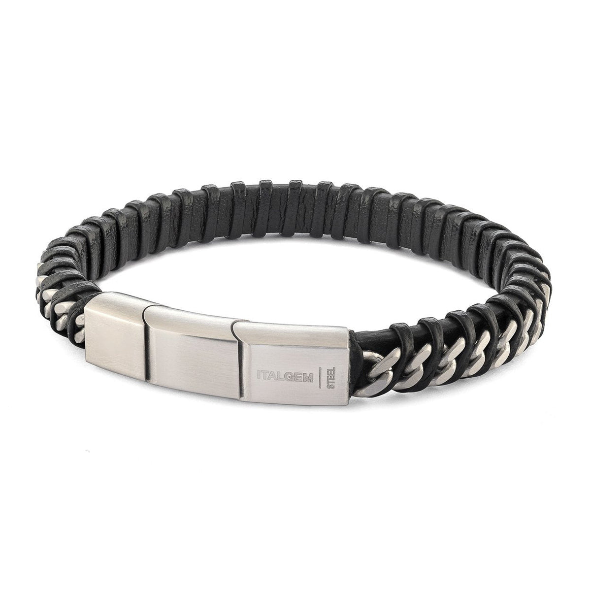 Stainless Steel Curb-Link Twisted Design 8" Leather Bracelet
