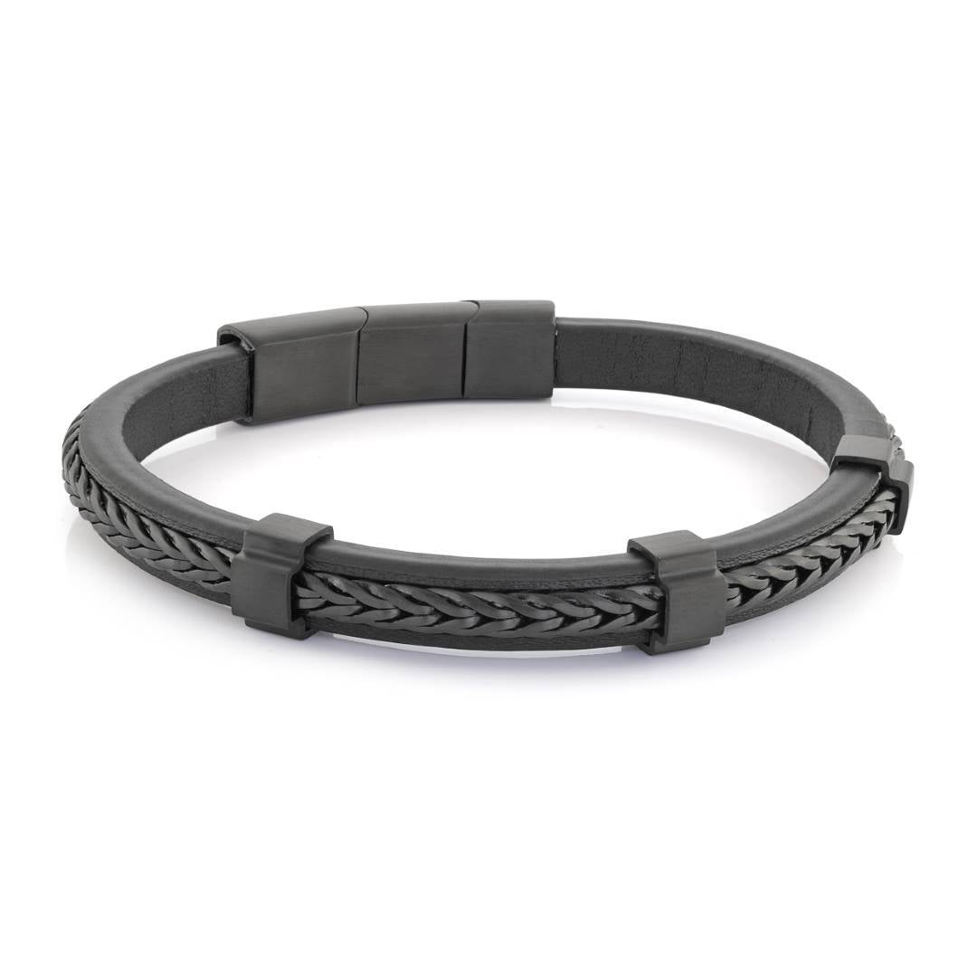 Black IP Stainless Steel Franco-Link Centre Leather Adjustable 7.5+0.5" Bracelet