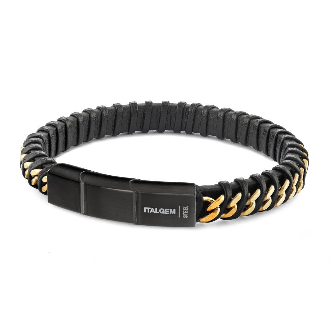 Black IP Stainless Steel &amp; Gold IP Curb-Link Leather Bracelet 8.5"