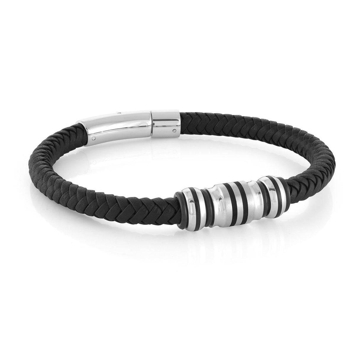 Stainless Steel &amp; Black IP Beads Leather 8.25" Bracelet