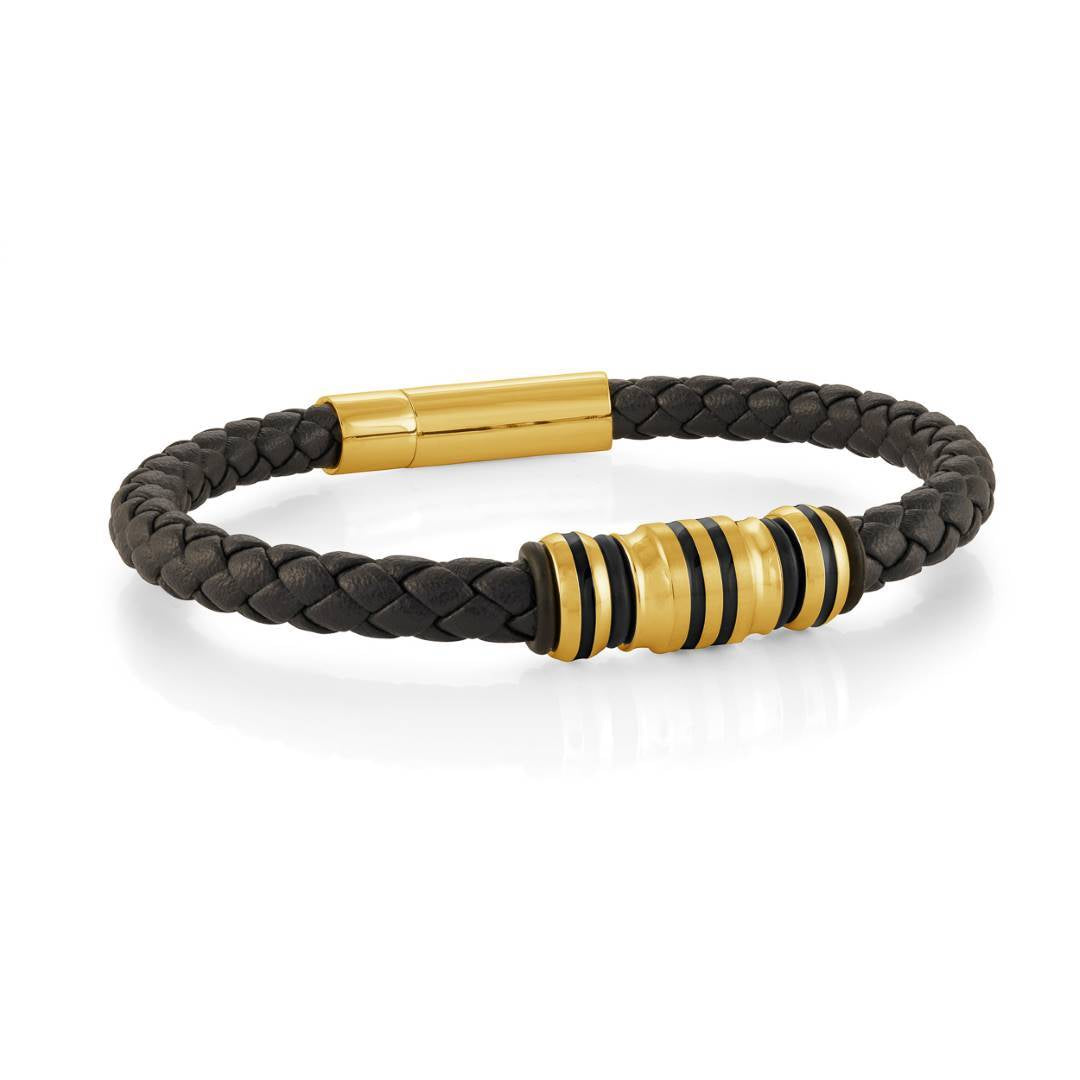 Gold IP Stainless Steel Black-Lined Leather 8.25" Bracelet