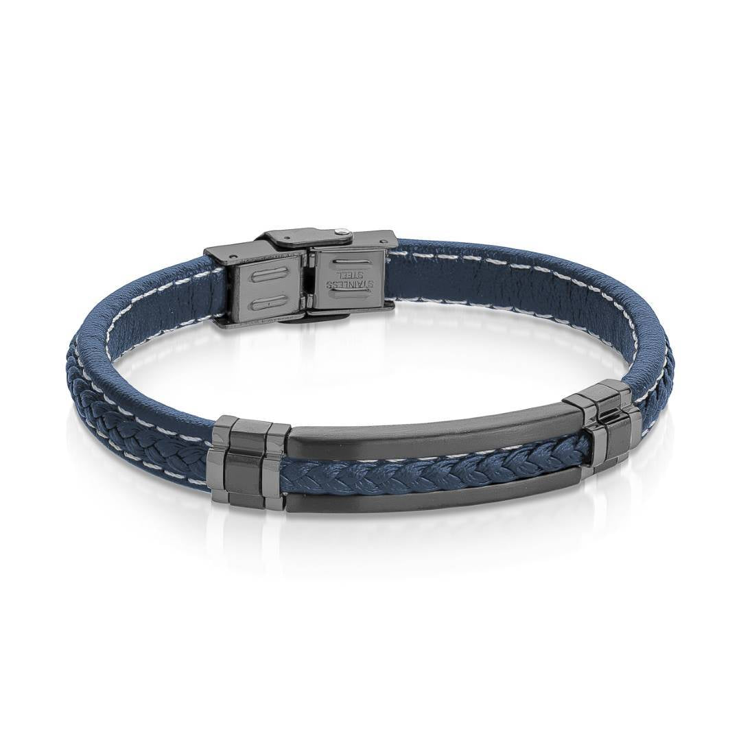 Gunmetal IP Stainless Steel Navy Braided Leather 8" Bracelet