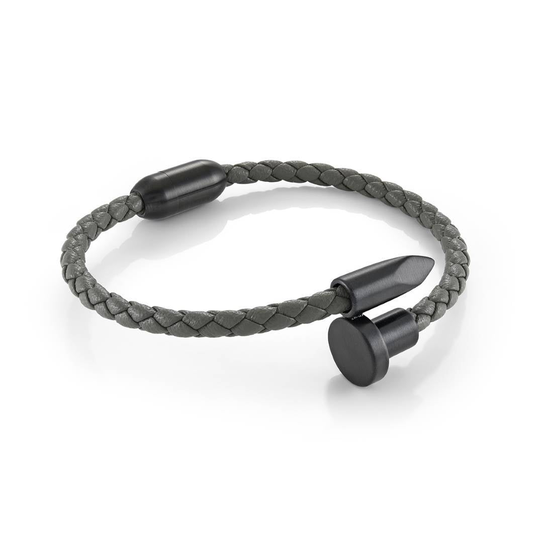 Black IP Stainless Steel Matte Grey Leather Nail 8" Bracelet