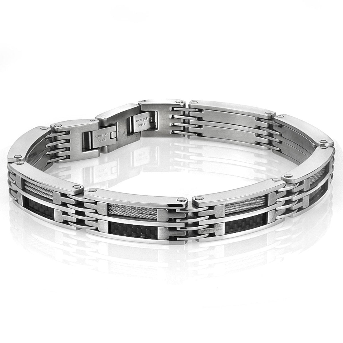 Stainless Steel Carbon Fiber Cable Bracelet – Adjustable 8–8.5"