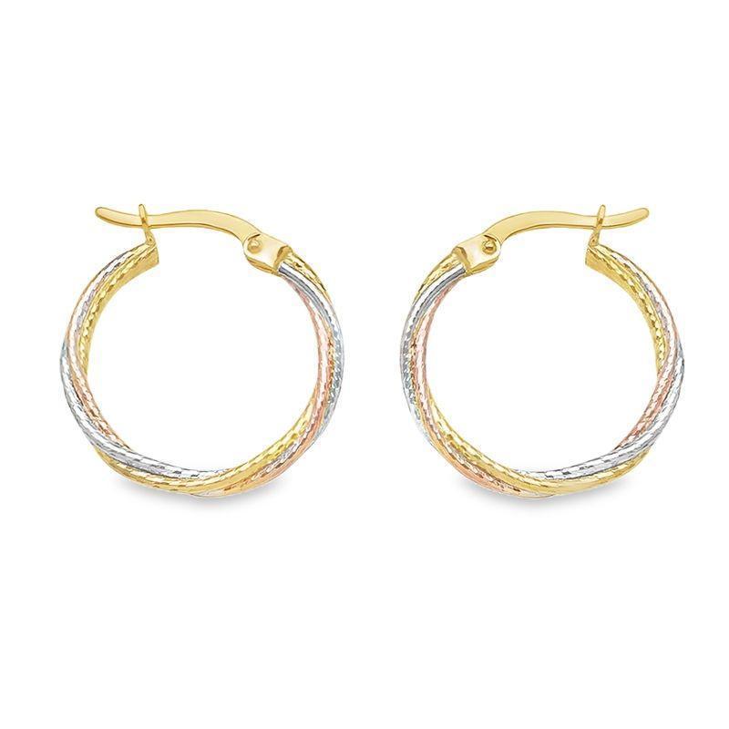 10K Yellow, White and Rose Gold Twisted Hoop Earrings
