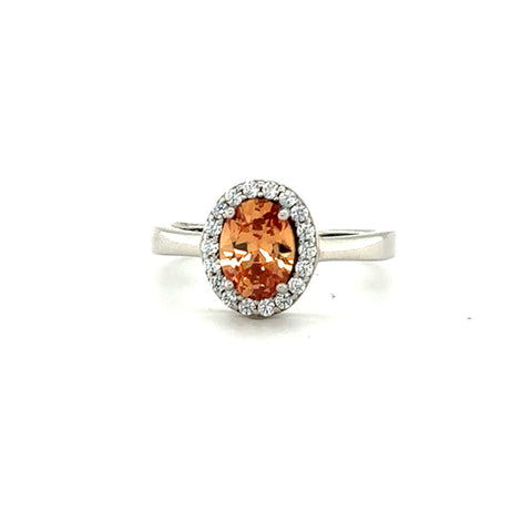 November Birthstone Color CZ Oval Halo Ring in Sterling Silver