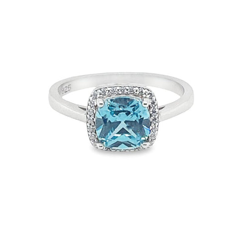 March Birthstone Aquamarine Color CZ Ring in Sterling Silver