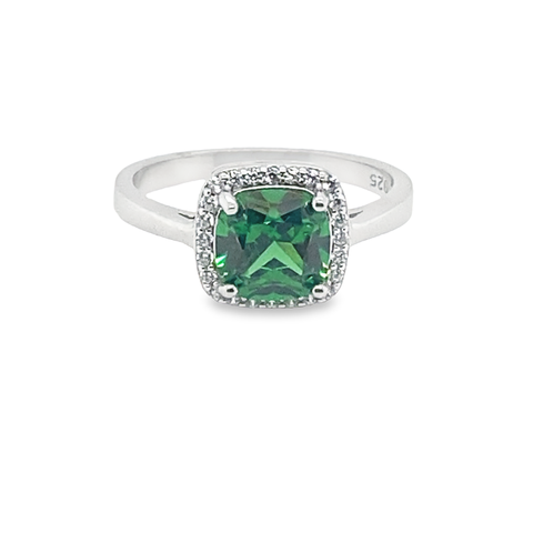May Birthstone Emerald Color Cushion Cut CZ Ring in Sterling Silver