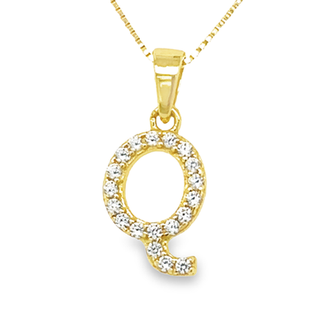 Yellow Gold Plated Sterling Silver Cubic Zirconia Letter Q Pendant