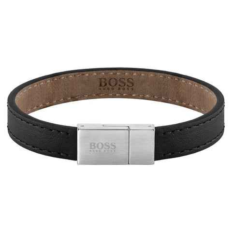 Hugo Boss Stainless Steel And Black Leather Men's Bracelet 1580033L