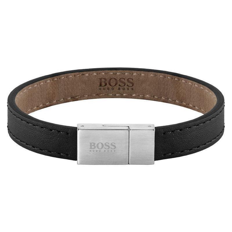 Hugo Boss Stainless Steel And Black Leather Mens Bracelet 1580033M