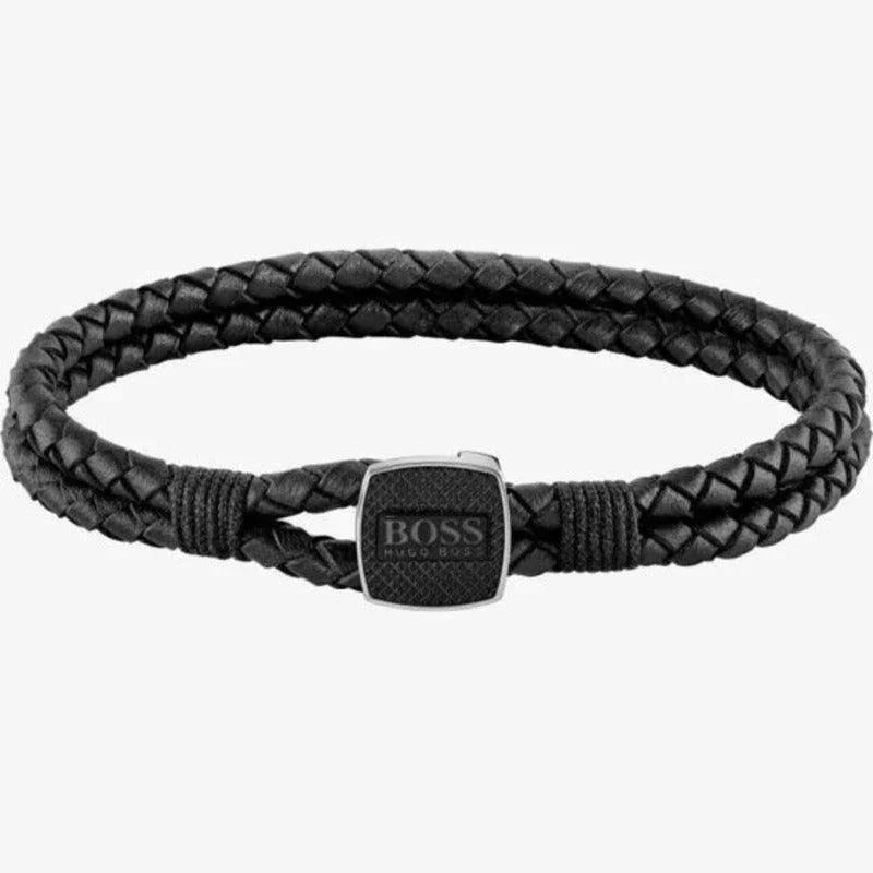Hugo Boss Jewelry Mens Ionic Plated Black Leather Bracelet 1580047L