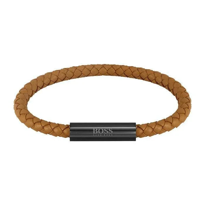 Hugo Boss Mens Yellow Vachetta Braided Leather Bracelet With Black IP Magnet