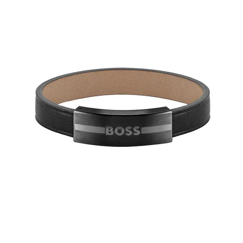 Hugo Boss Jewellery Mens Black Leather Bracelet 1580490M