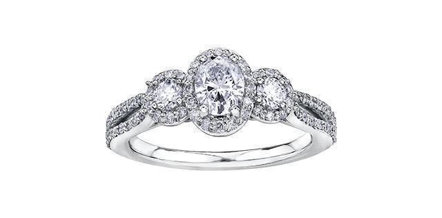 14K White Gold 1.00TDW Oval Diamond Past Present and Future Engagement Ring