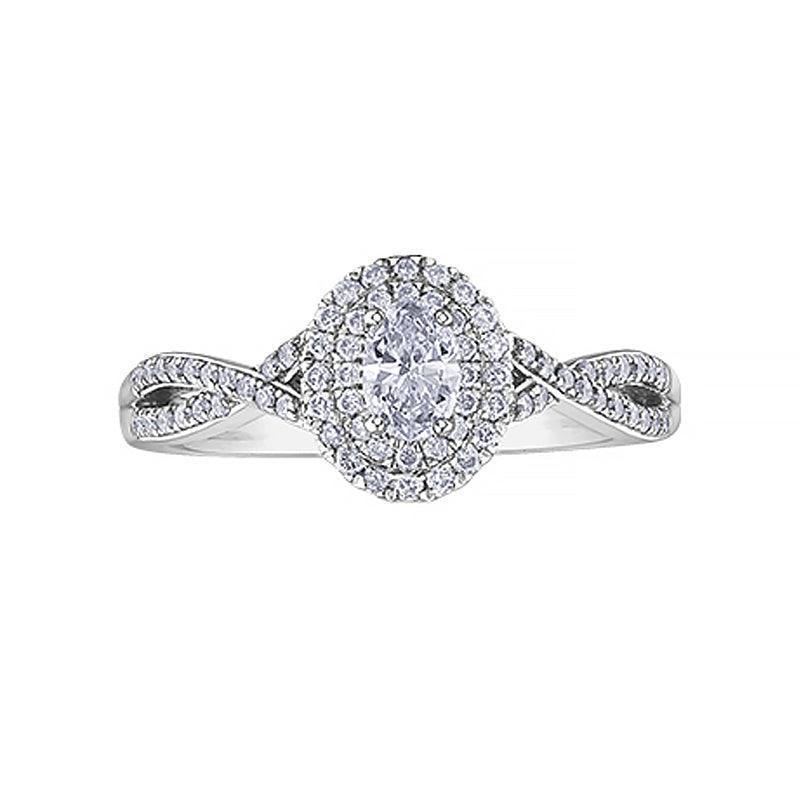10K White Gold 0.50 Carat Oval Halo Diamond Ring with Twisted Band