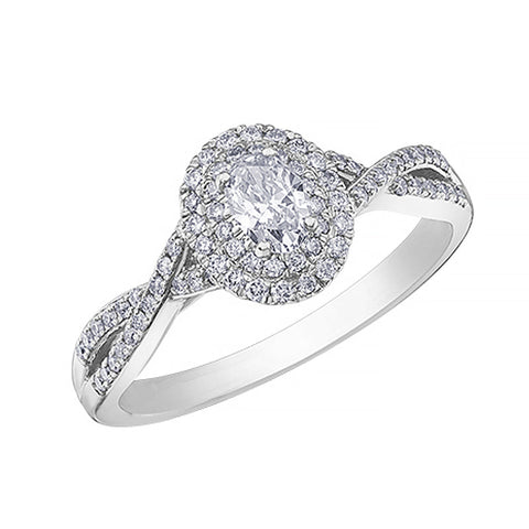 10K White Gold 0.50 Carat Oval Halo Diamond Ring with Twisted Band