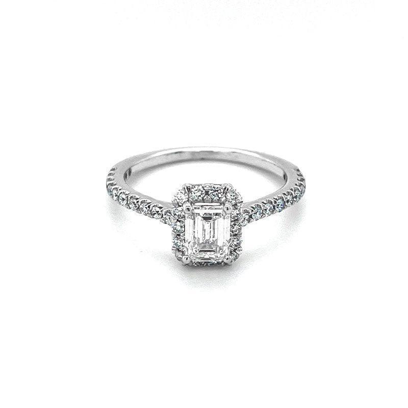 14K White Gold 1.04TDW Emerald Cut Lab Grown Diamond Solitaire Ring with Halo and Sides