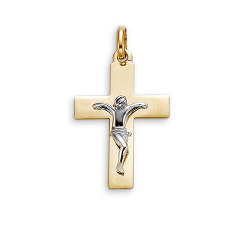 10 Karat Yellow Gold Flat Religious Italian Cross with White Gold Crucifix