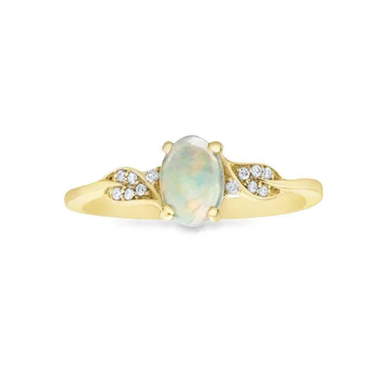 0.04TDW Diamond &amp; 7X5MM Opal Gemstons Ring in 10K Yellow Gold