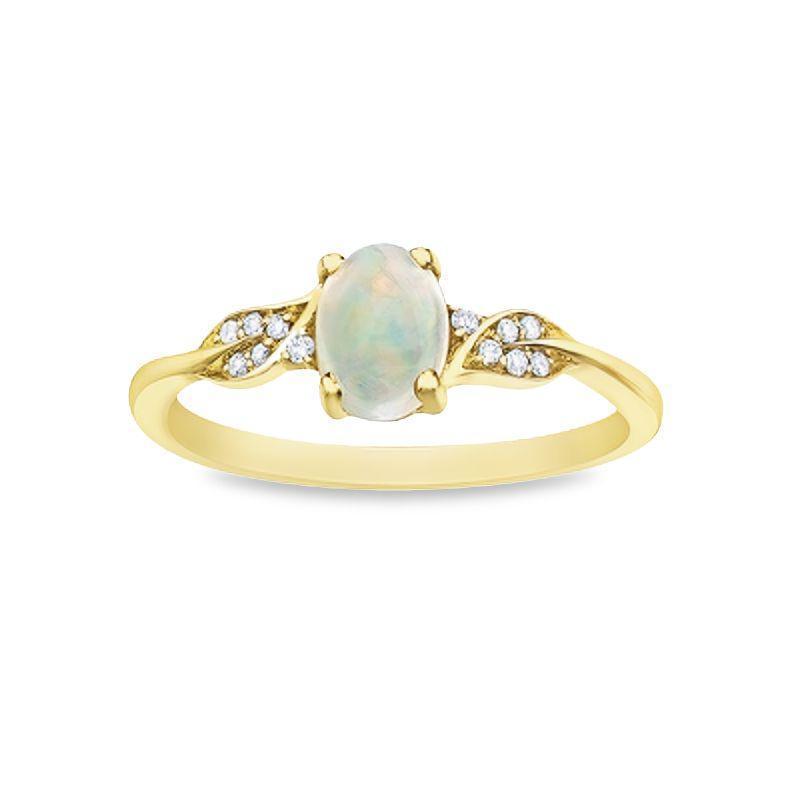 0.04TDW Diamond &amp; 7X5MM Opal Gemstons Ring in 10K Yellow Gold