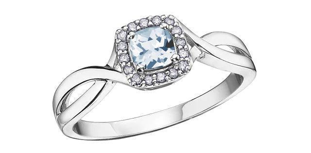 10K White Gold 0.07TDW Halo Diamond &amp; Aquamarine Ring