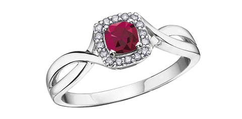 10K White Gold Ruby and Diamond Halo Ring