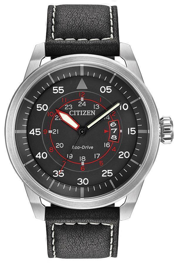 Citizen Avion Eco Drive Black Dial Black Leather Mens Watch AW1361-01E