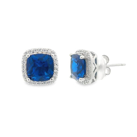 September Birthstone Sapphire Color CZ Cushion Earrings In Sterling Silver