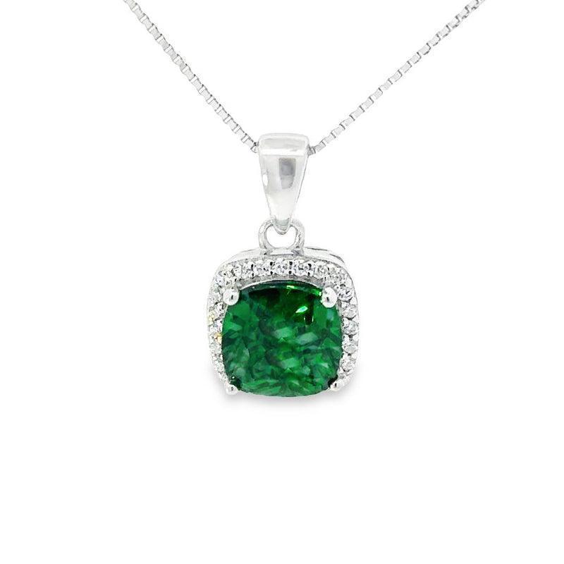 May Birthstone Emerald Color CZ Cushion Pendant In Sterling Silver