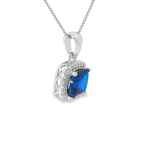 September Birthstone Sapphire Color CZ Cushion Pendant In Sterling Silver