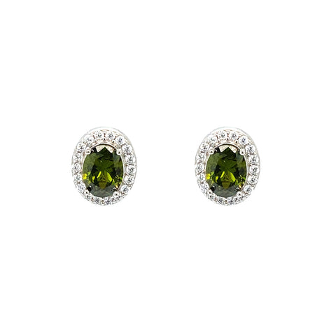 August Birthstone Peridot Color CZ Oval Halo Earring In Sterling Silver