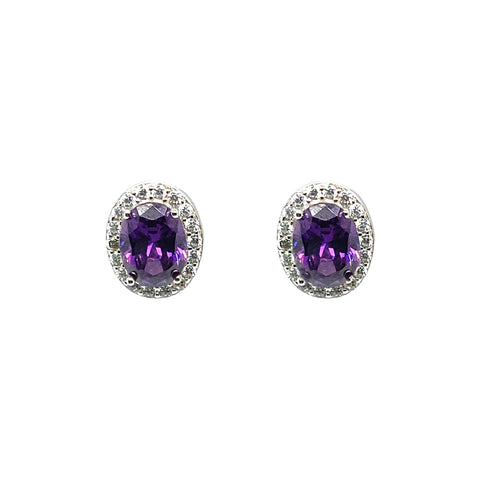 February Birthstone Oval Halo Earring with CZ In Sterling Silver
