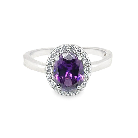 February Birthstone Color CZ Oval Ring in Fine Sterling Silver
