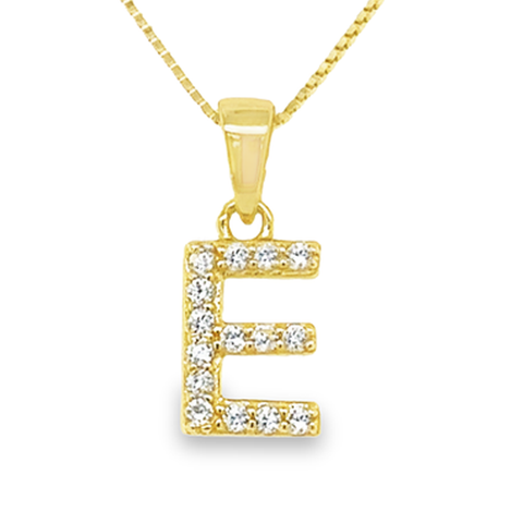 Yellow Gold Plated Sterling Silver Cubic Zirconia Letter E Pendant