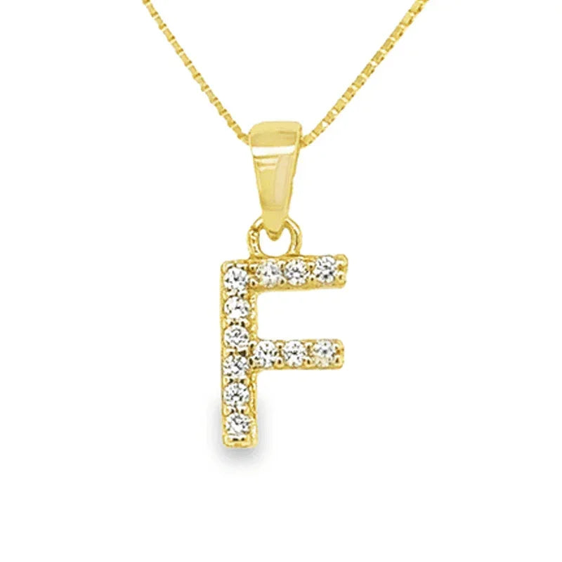 Yellow Gold Plated Sterling Silver Cubic Zirconia Letter F Pendant