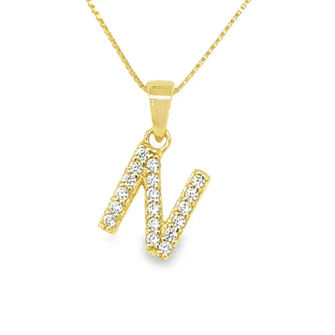Yellow Gold Plated Sterling Silver Cubic Zirconia Letter N Pendant